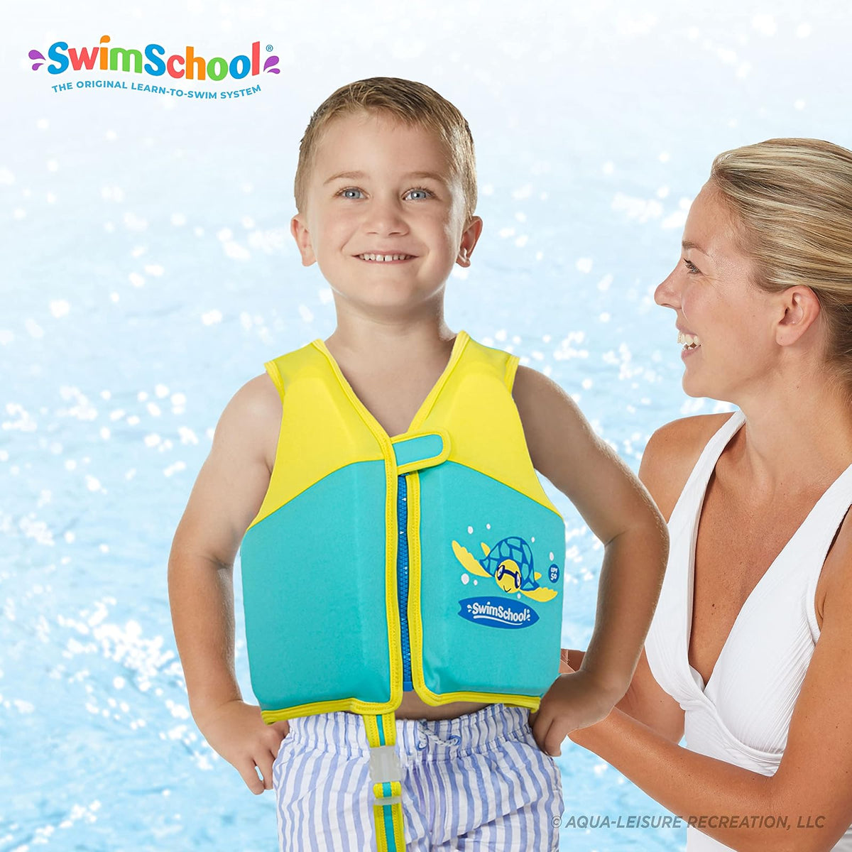 SwimSchool - Chaleco de natación para niños fácil de Poner y Quitar - Tallas: S/M hasta 33 Libras y Mediano/Grande hasta 50 Libras. - Colores: Azul, Naranja, Rosa y Espuma de mar