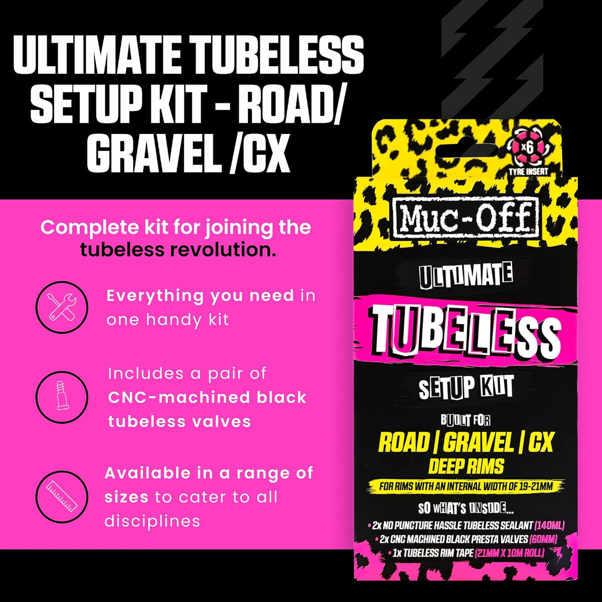 Muc Off Ultimate Tubeless Setup Kit for Tubeless Ready Bikes, Road/Gravel/CX 60mm - Includes Rim Tape, Seal Patches, Tubeless Valves and Tyre Sealant