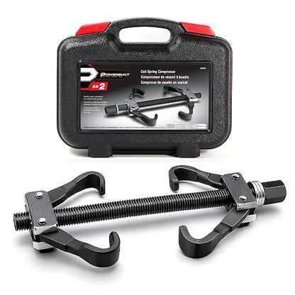 Powerbuilt 648628 - Kit de herramientas de compresor de resorte helicoidal, comprime, retira e instala el puntal del vehículo y muelles helicoidales para vehículos, estuche de almacenamiento