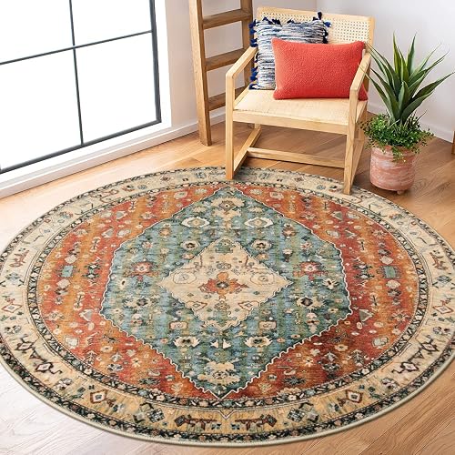 Lahome - Alfombras Redondas Tribales Bohemias de 5 pies, Alfombra Redonda de Cocina, Antideslizante, para recámara, Sala de Estar, Circular, Oriental, de Pelo bajo, para Comedor, baño, Color Verde