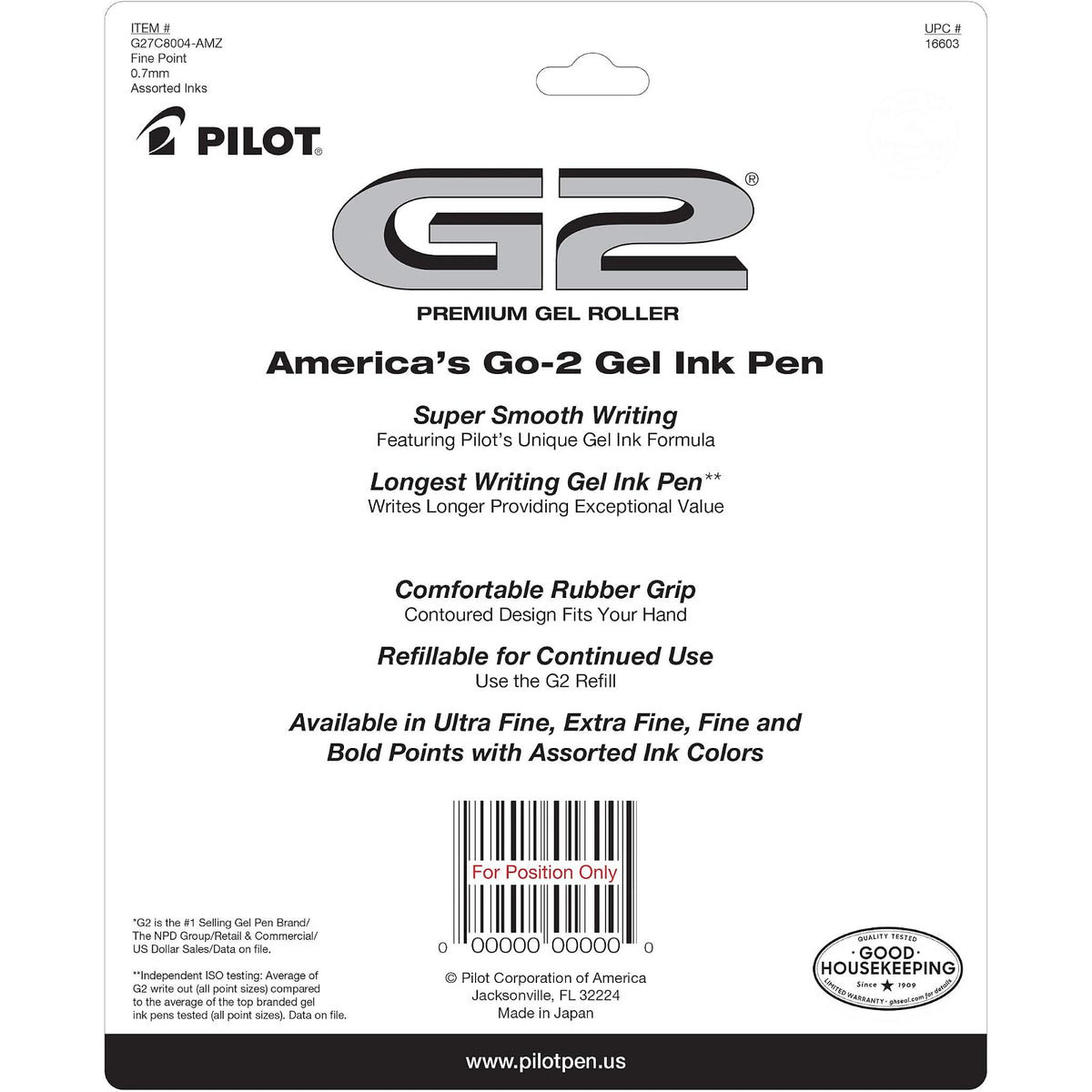 Pilot G2 Bolígrafos de tinta de gel recargables y retráctiles, punta fina (0,7 mm), negro/azul/turquesa/rojo/burdeos/púrpura/verde, 8 unidades (16603)