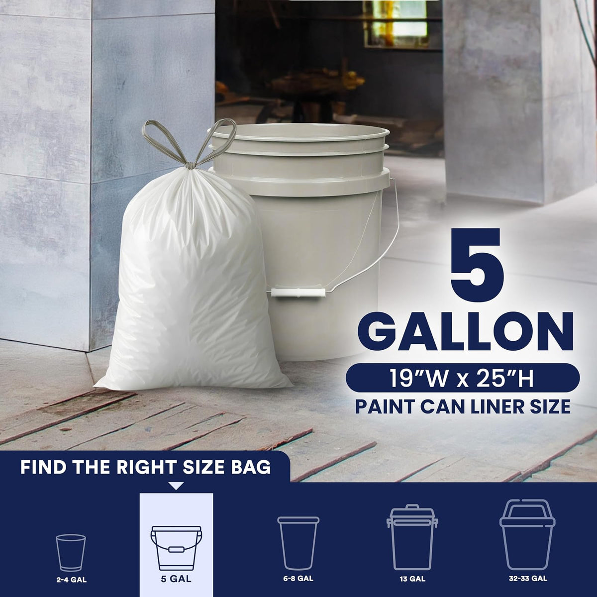 Plasticplace 5 gallon Trash Bags │ 0.9 Mil │ White Drawstring Garbage Liners for Bucket │ 19" X 25" (100Count)