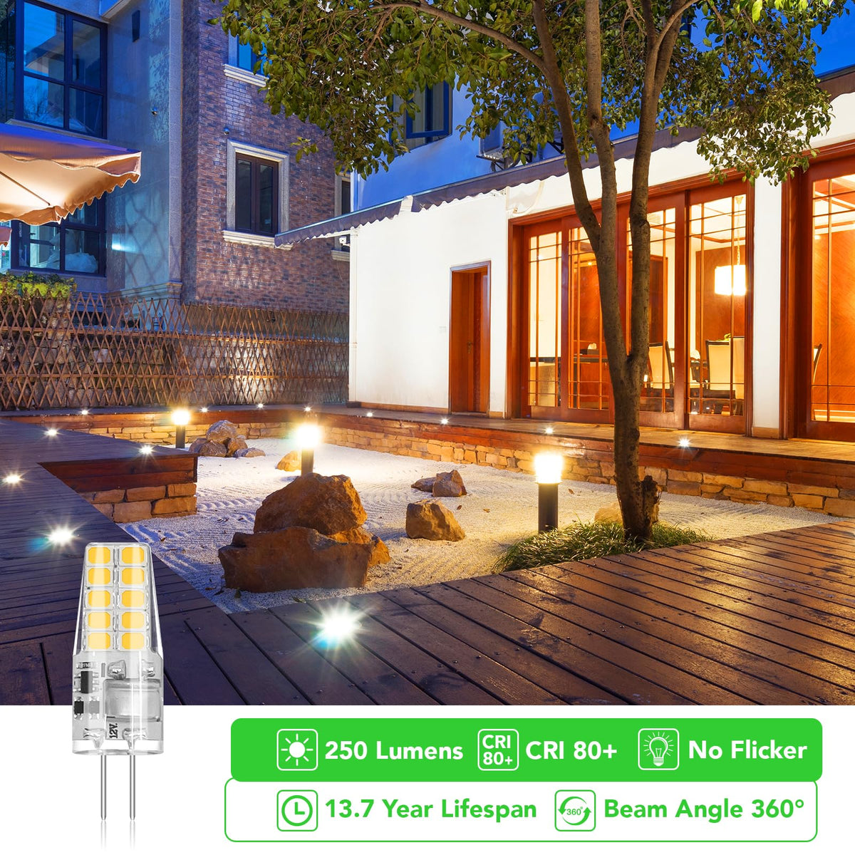 BUBO - Paquete de 10 bombillas LED G4 equivalentes a 30 W, 3000 K, blanco cálido, 250 lúmenes, ángulo de haz de 360 °, foco halógena T3, bombillas de paisaje de repuesto, luces LED AC/DC de 12 V, base