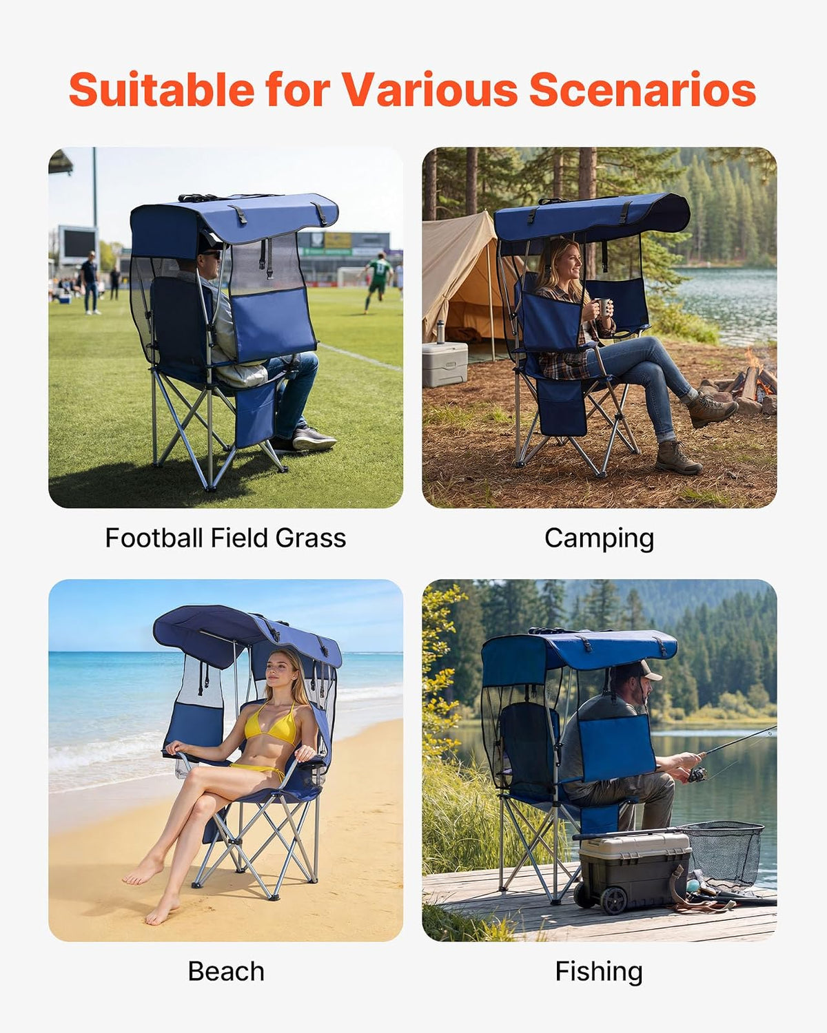 VEVOR Silla de Camping Plegable con Sombrilla Capacidad Máxima de 150 kg, Silla de Camping Portátil con Toldo Tela Oxford, Compartimento para Revistas, Portavasos y Bolsillo para Exteriores Pesca