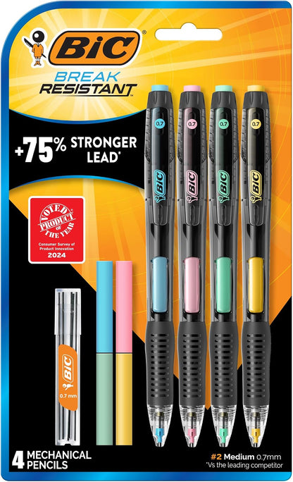 Lápices mecánicos BIC resistentes a la rotura 0.7 mm con borrador - 4 Count (Pack of 1) - Resistente a la rotura - Lápices