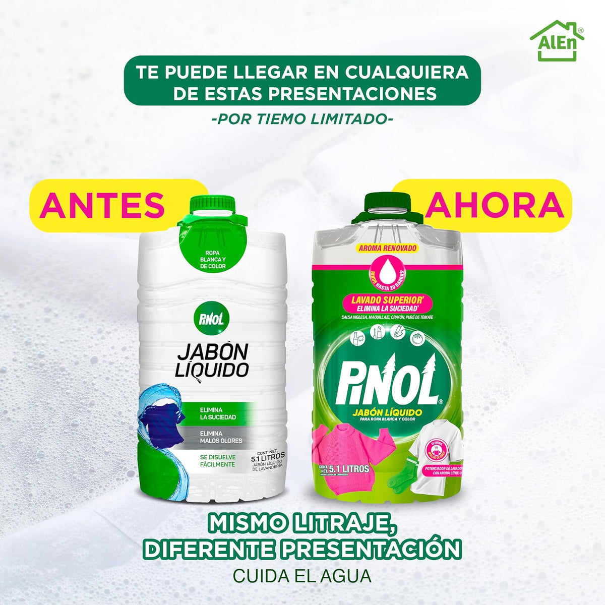 PINOL Jabón liquido potencializador de detergente para ropa blanca y de color 5.1 L.