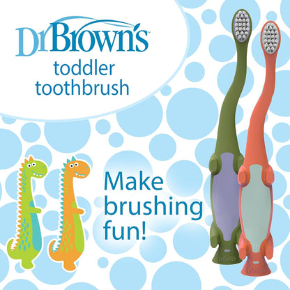 Dr. Brown's - cepillo para polvo de dientes para bebés y niños pequeños, dinosaurio verde y naranja, paquete de 2, 1-4 años