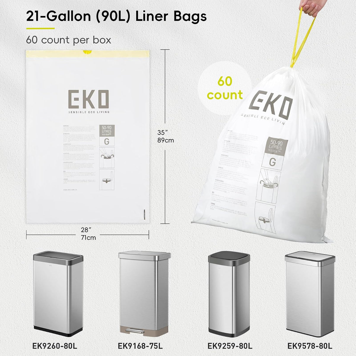 EKO - Bolsas de basura de 21 galones, 50-90 litros, 60 unidades con cordón, bolsas de basura extra fuertes, aroma a lavanda con control continuo de olor, rollo de fácil dispensación para cocina y uso