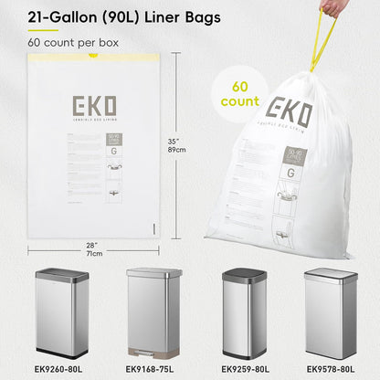 EKO - Bolsas de basura de 21 galones, 50-90 litros, 60 unidades con cordón, bolsas de basura extra fuertes, aroma a lavanda con control continuo de olor, rollo de fácil dispensación para cocina y uso