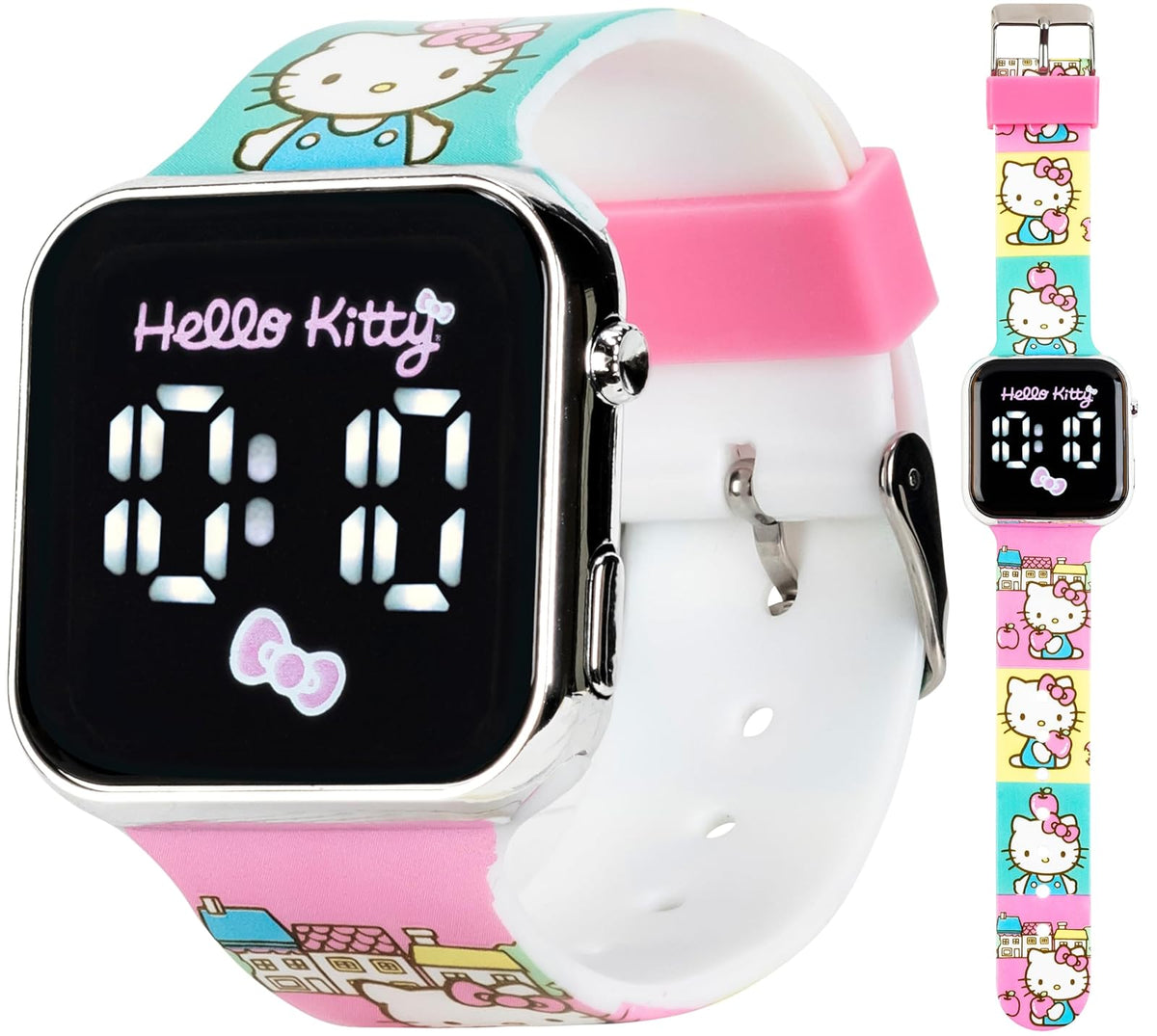 Accutime Hello Kitty - Reloj LED para niños, caja de plástico plateado, ilustraciones coloridas impresas, visualización LED blanca, correa de silicona suave, fácil de leer, ideal para niñas, mercancía