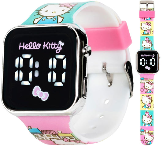 Accutime Hello Kitty - Reloj LED para niños, caja de plástico plateado, ilustraciones coloridas impresas, visualización LED blanca, correa de silicona suave, fácil de leer, ideal para niñas, mercancía