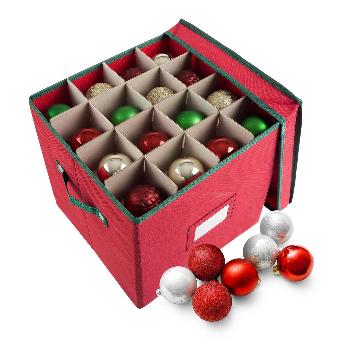 Elf Stor Premium Red Christmas Ornament Storage Chest Holds 64 Balls w/ Dividers - rojo