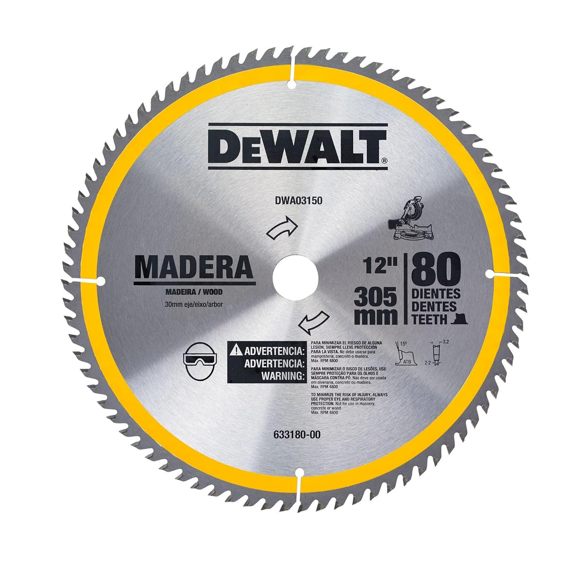 DEWALT Disco Sierra Circular 12 pul 305 mm 80 Dientes Carburo Para Madera MDF y Contrachapado DWA03150
