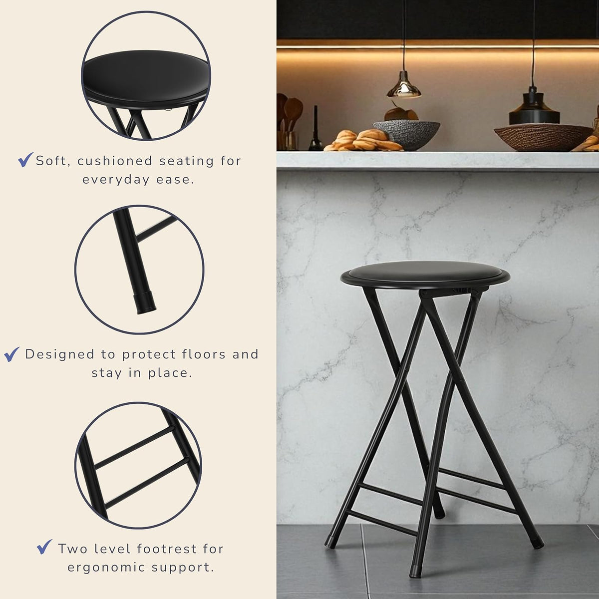 Trademark Home 82-0827 Black Cushioned Folding Stool, 24"