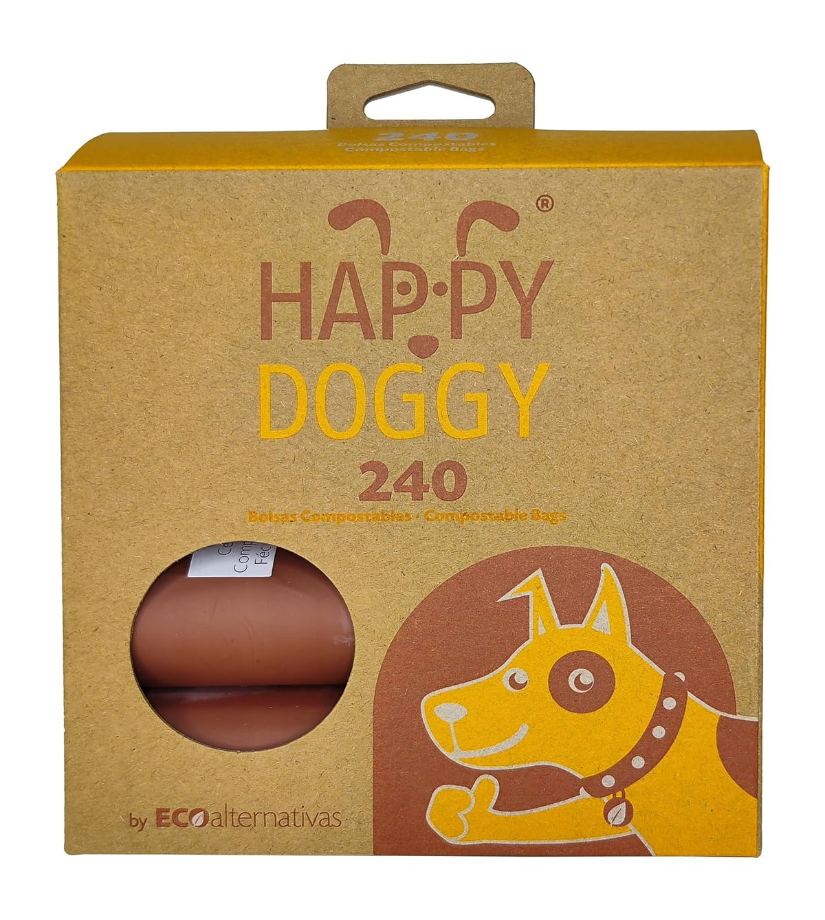 Ecoalternativas | HappyDoggy, Bolsas Certificadas Compostables para heces de Mascota, Hecho a Base de Fécula de Maíz, Viene con 240 Bolsas Biodegradables en 16 Rollitos, 22x32cm