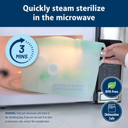 Dr. Brown's - Bolsa esterilizadora de vapor de microondas para biberones, piezas de extractor de leche y otros accesorios para niños, 100% silicona, bolsa esterilizadora reutilizable