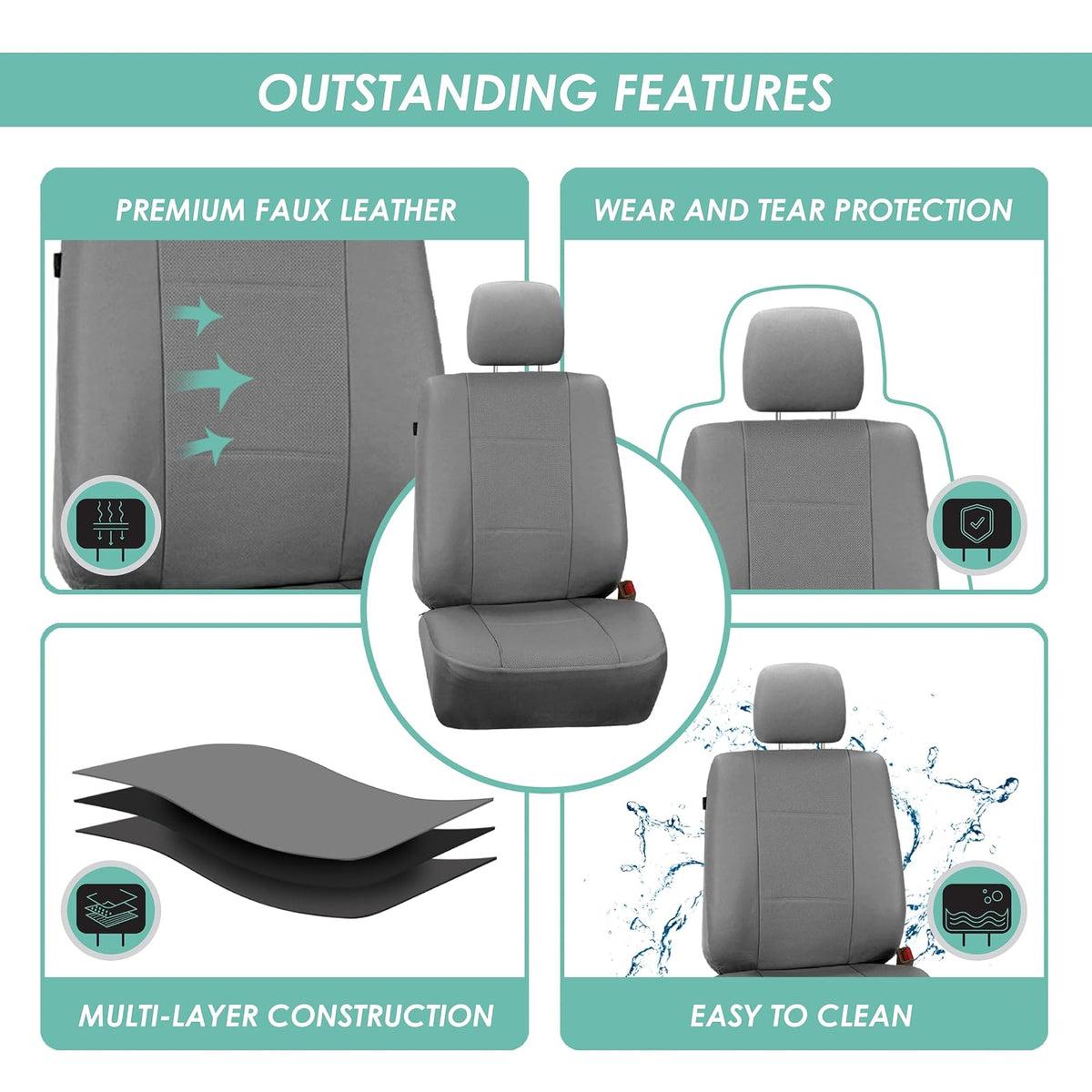 FH GROUP FH-PU007217 3 Row Deluxe Leatherette Car Seat Covers w. 7 Headrests, Airbag Compatible and Rear Split Bench, Gray Color