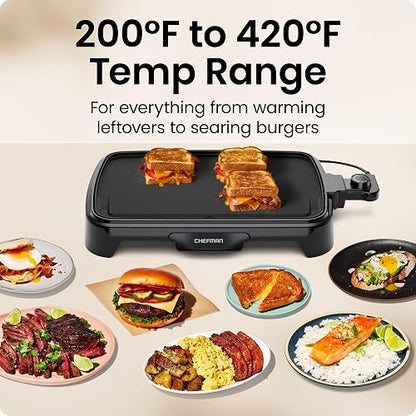 Chefman Plancha eléctrica con control de temperatura extraíble, parrilla ideal para hamburguesas, huevos, plancha para panqueques, superficie de cocción antiadherente fácil de limpiar 10 x 16 pulgadas
