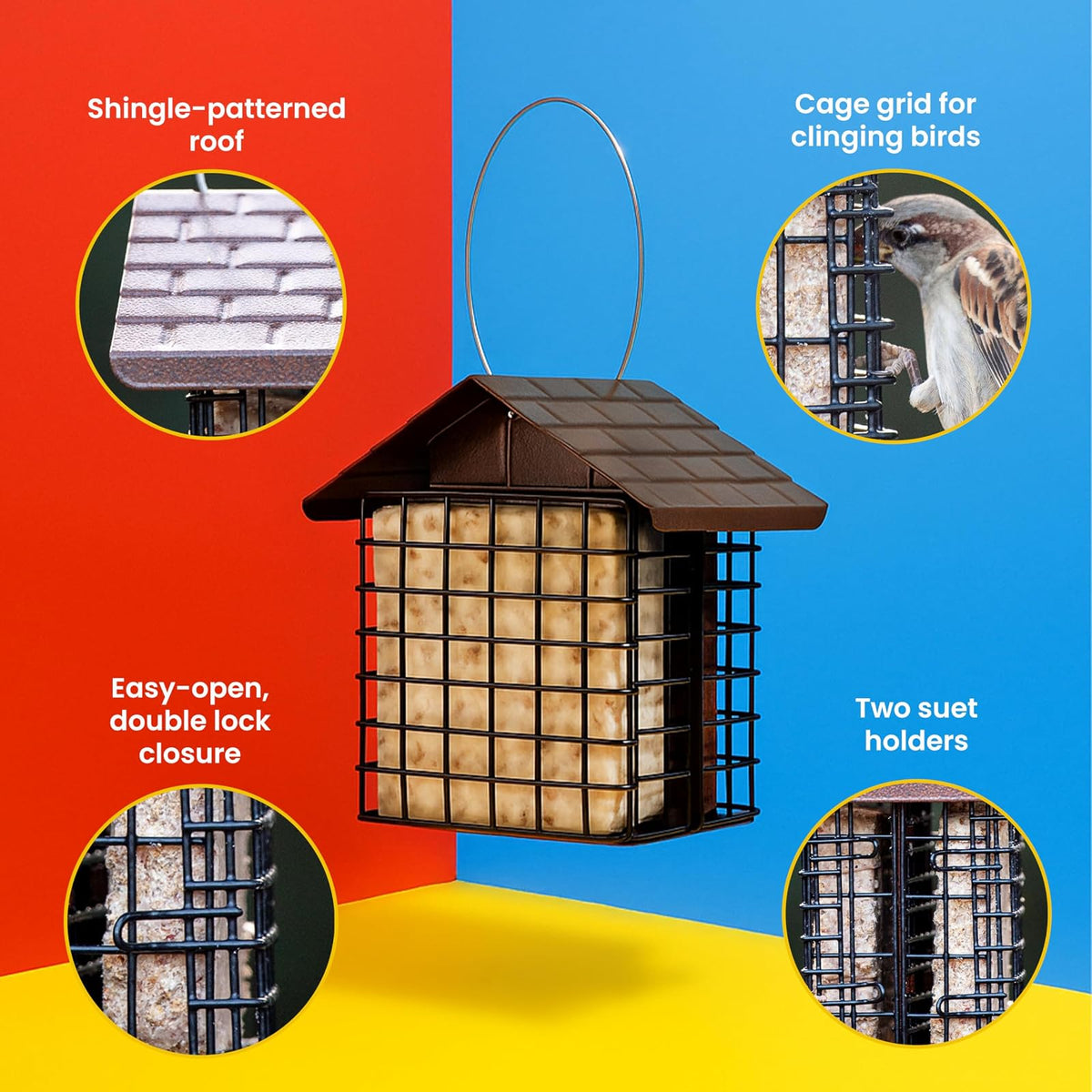More Birds - Alimentador Doble con Protector contra el Clima, 6.5 Pulgadas de Largo x 4.25 Pulgadas de Ancho x 7.25 Pulgadas de Alto, café