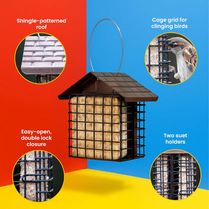 More Birds - Alimentador Doble con Protector contra el Clima, 6.5 Pulgadas de Largo x 4.25 Pulgadas de Ancho x 7.25 Pulgadas de Alto, café