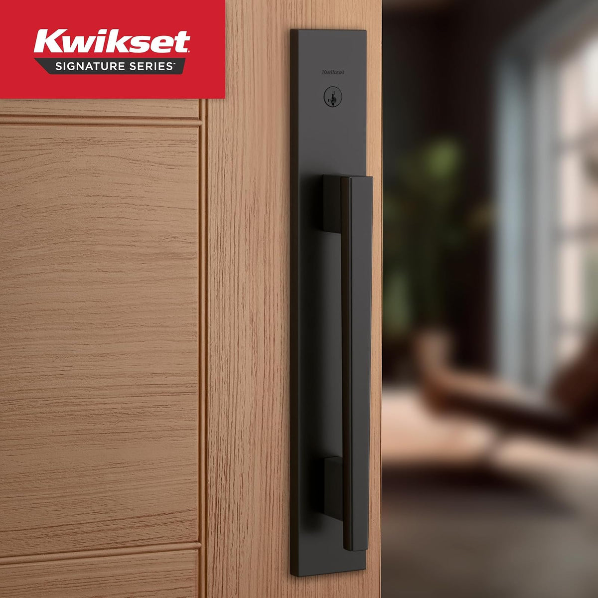 Kwikset Caerus - Juego de manijas y cerrojo de puerta delantera con palanca interior, color negro mate, seguridad SmartKey con KwikSlide, placa trasera de manija de puerta con escudo completo