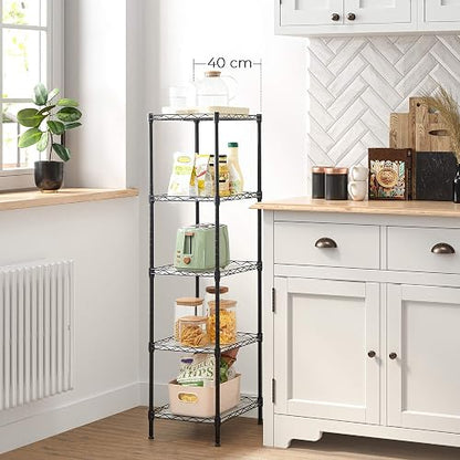 SONGMICS Estantería de Cocina, Estantería de 5 Niveles, 8 Ganchos, 30 x 40 x 121 cm, Metal, Altura Ajustable, Negro MLGR115B01V1
