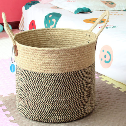 Casaphoria Cesta grande de yute tejida con asas, cesta de yute natural para ropa, manta para decoración del hogar, 14 x 14 x 12 pulgadas, paquete de 1, negro y yute