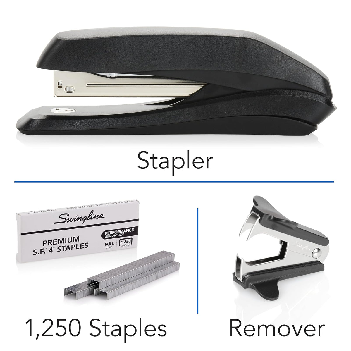 Swingline 54567 - Paquete de grapadora (capacidad de 20 hojas, sin atascos, incluye grapadora, grapas 1250 y removedor de grapas, color negro