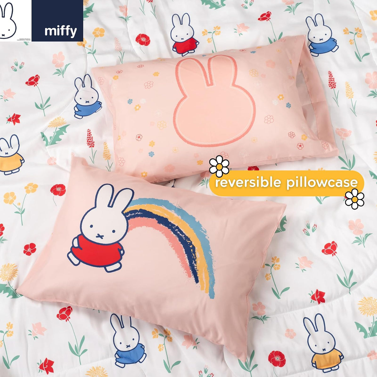 Franco Collectibles - Juego de Ropa de Cama Miffy, tamaño matrimonial, 7 Piezas, edredón Reversible y Esponjoso, con Funda (Producto 100% con Licencia Oficial)