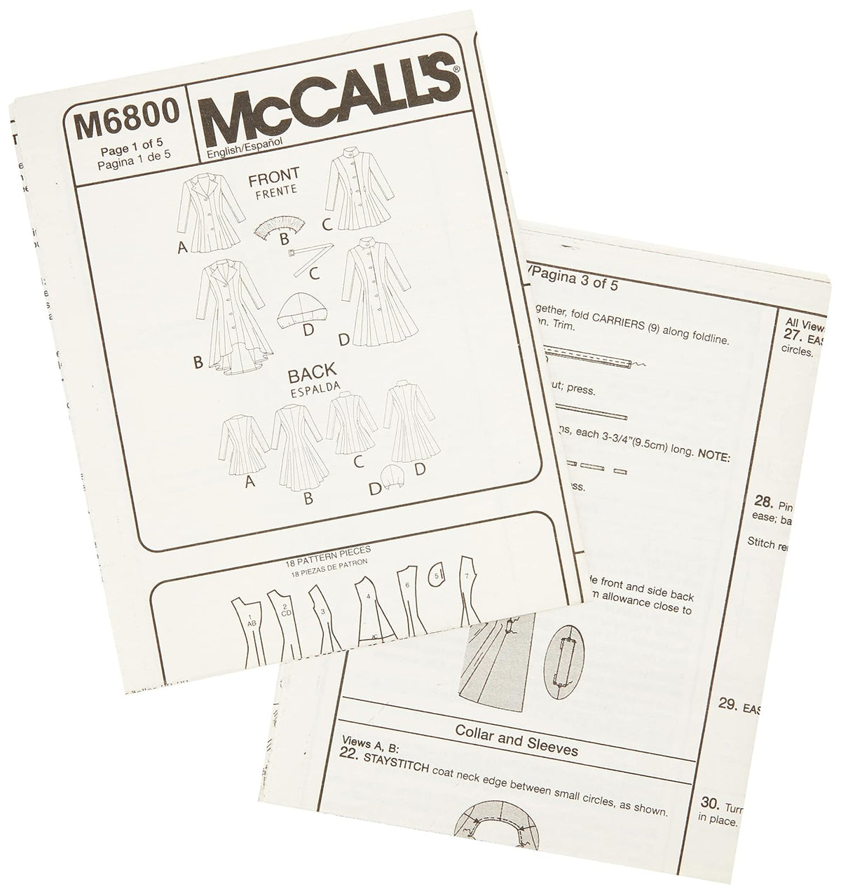 McCall's Pattern Company M6800 - Abrigos con Forro para Mujer, cinturón, Plantilla de Costura Desmontable para Cuello y Capucha, tamaño A5 (6-8-10-12-14)
