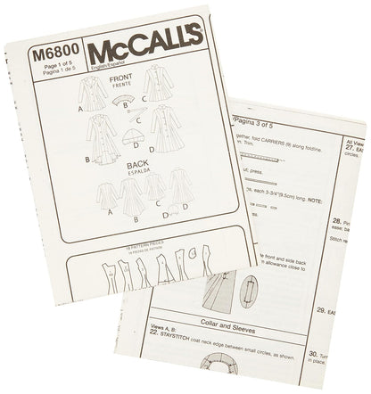 McCall's Pattern Company M6800 - Abrigos con Forro para Mujer, cinturón, Plantilla de Costura Desmontable para Cuello y Capucha, tamaño A5 (6-8-10-12-14)