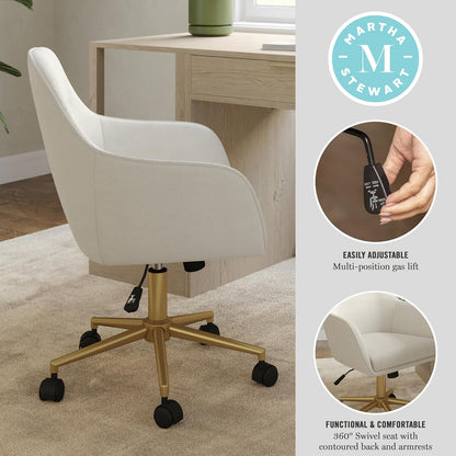 Martha Stewart Rayna Silla giratoria con Brazos Acampanados para Oficina en casa en Tela Blanca Rota con Marco de latón Pulido