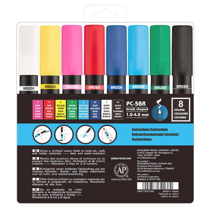 POSCA® PC-5BR - Marcadores de pintura con punta de pincel, juego de 8 | Tamaño de la punta: 1.0-4.0 mm, bolígrafos opacos a base de agua para letras, caligrafía, colorear, manualidades y proyectos