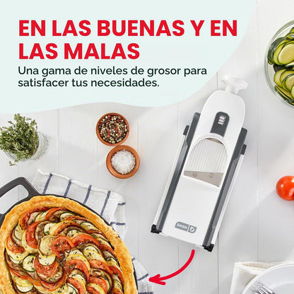 DASH Safe Slice® Cortador de Mandolina, Juliana y Dados para Verduras | 30+ Ajustes de Corte y Grosor | Contenedor y Cepillo Incluidos | Color Gris