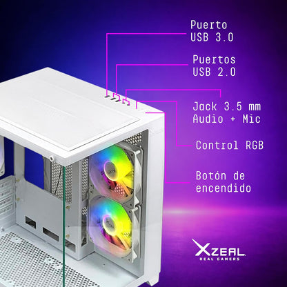 Gabinete Gamer M-ATX/M-ITX Micro Tower Blanco con 3 Ventiladores ARGB Vidrio Templado CXi2 Xzeal