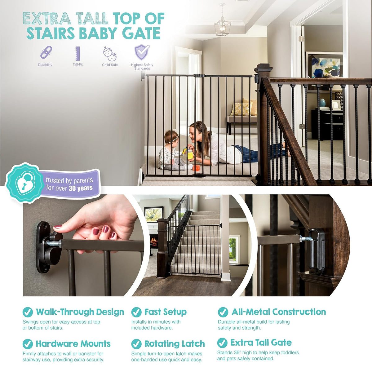 Regalo 2 en 1 extra alto Easy Swing Escalera y pasillo Paseo a través de la puerta del bebé, negro