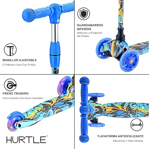 Hurtle Patin del Diablo Monopatin Scooter para Niños de 2 a 5 Años, 3 Ruedas con Luces LED, Mini Kickboard con Freno, Antideslizante, Manillar Ajustable de 64 cm a 78 cm