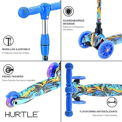 Hurtle Patin del Diablo Monopatin Scooter para Niños de 2 a 5 Años, 3 Ruedas con Luces LED, Mini Kickboard con Freno, Antideslizante, Manillar Ajustable de 64 cm a 78 cm