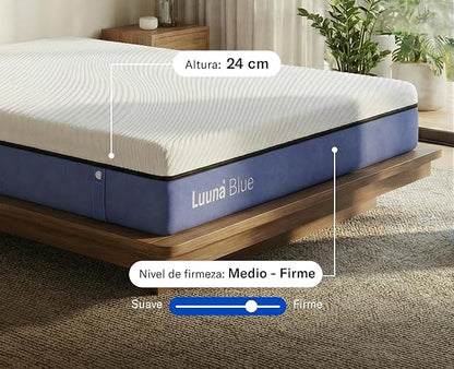 Luuna Blue Colchón Individual, Colchón Memory Foam, 24cm de Altura, Firmeza Media, Colchones en Caja, 3 Capas de Espuma de Alta Densidad, Colchón Fresco