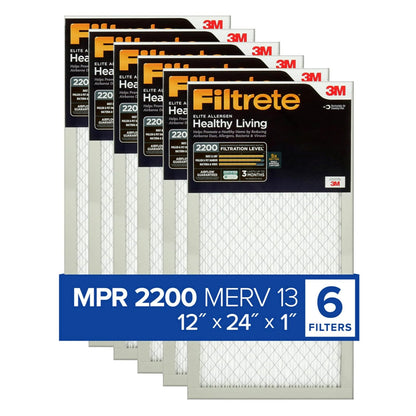 Filtrete Filtro de aire para horno de CA de 12 x 24 x 1, MERV 13, MPR 2200, Elite Allergen, Bacterias y Virus, Filtro de limpieza de aire electrostático plisado de 3 meses, paquete de 6 (tamaño real