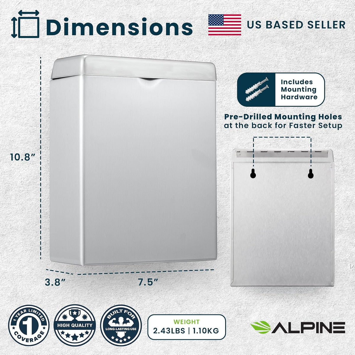 Alpine - Receptáculo de servilleta sanitaria – Soporte de tampón montado en la pared para baño que proporciona un baño limpio y sin olor para el hogar, la oficina y los baños públicos (acero