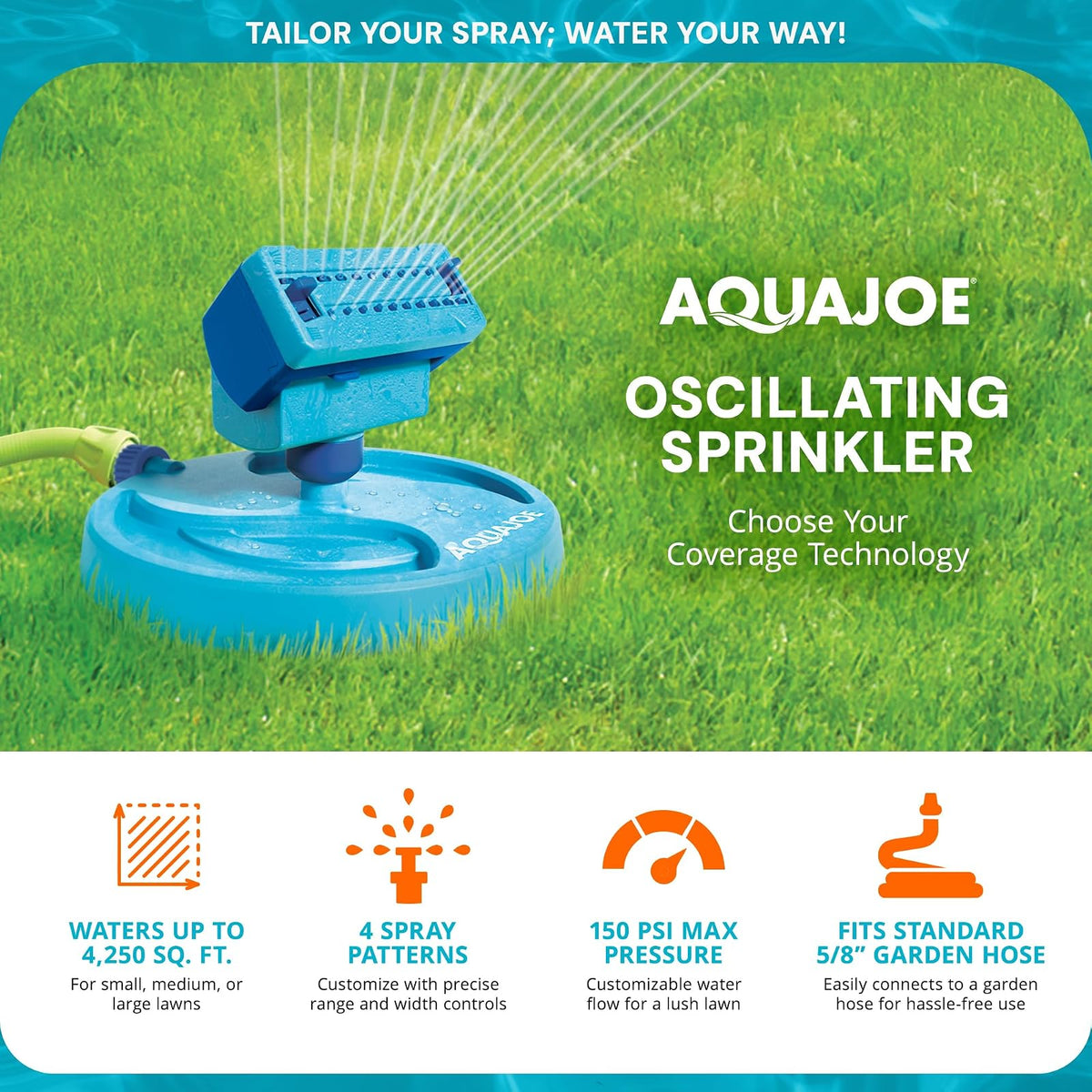 Aqua Joe AJ-OSPR20 Mini aspersor oscilante sobre base de trineo, cobertura de hasta 4.250 pies cuadrados