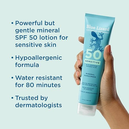 BLUE LIZARD Sensitive Mineral Sunscreen with Zinc Oxide 50+ Water Resistant UVAUVB Protection with Smart Cap Technology Fragrance Free , Sensitve, SPF 50 - - Tube, Unscented, 5 Fl Oz