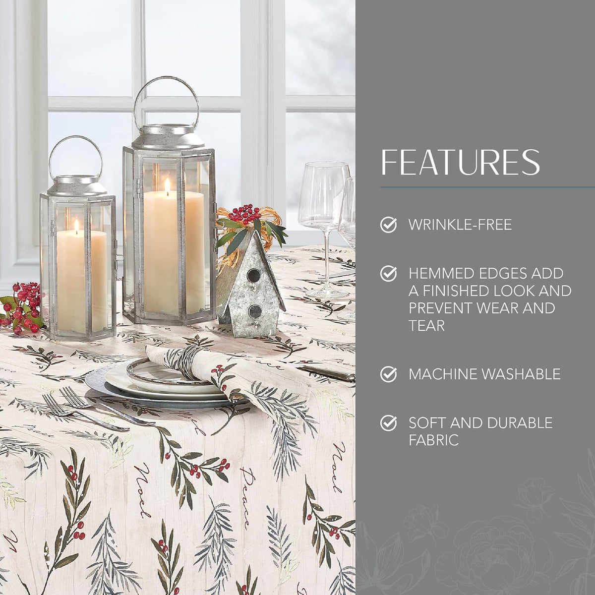 Elrene Home Fashions Mantel Rectangular navideño con Adornos de árbol de Acebo navideño, 152 x 120 cm, Multicolor