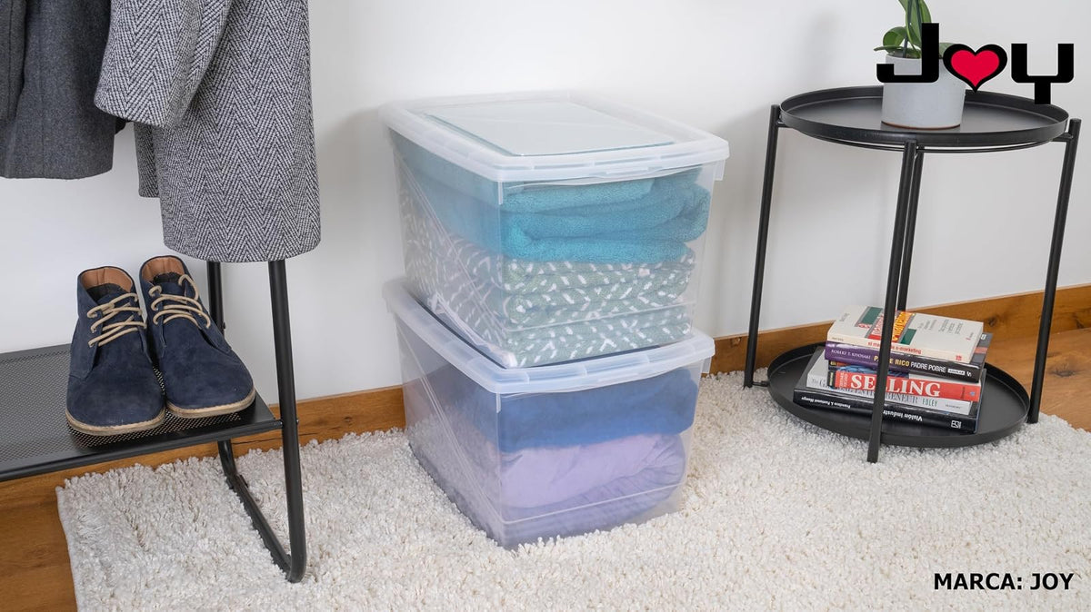 JOY - Caja de Almacenamiento 32 Litros, Pack de 2, para Organizar Armario, Juguetes, Ropa, con Cierre Click! y Agarraderas Reforzadas, Plástico Libre de BPA, Transparente
