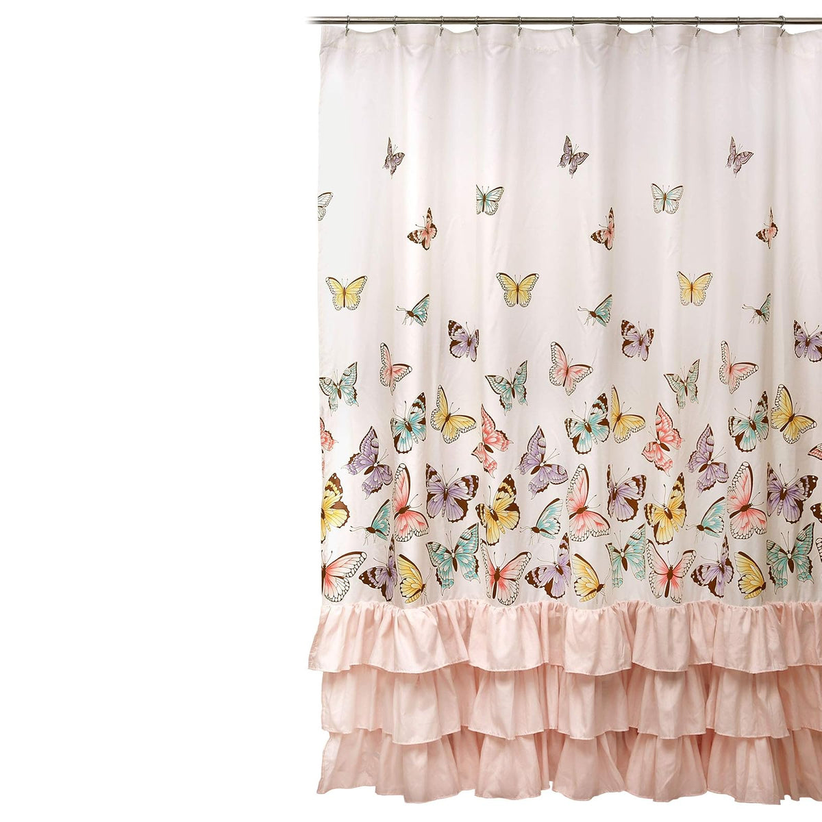 Lush Decor - Cortina de Ducha de Mariposas con Vuelo, decoración de baño de Tela con Estampado de Volantes, 72 x 72 Pulgadas, Color Rosa