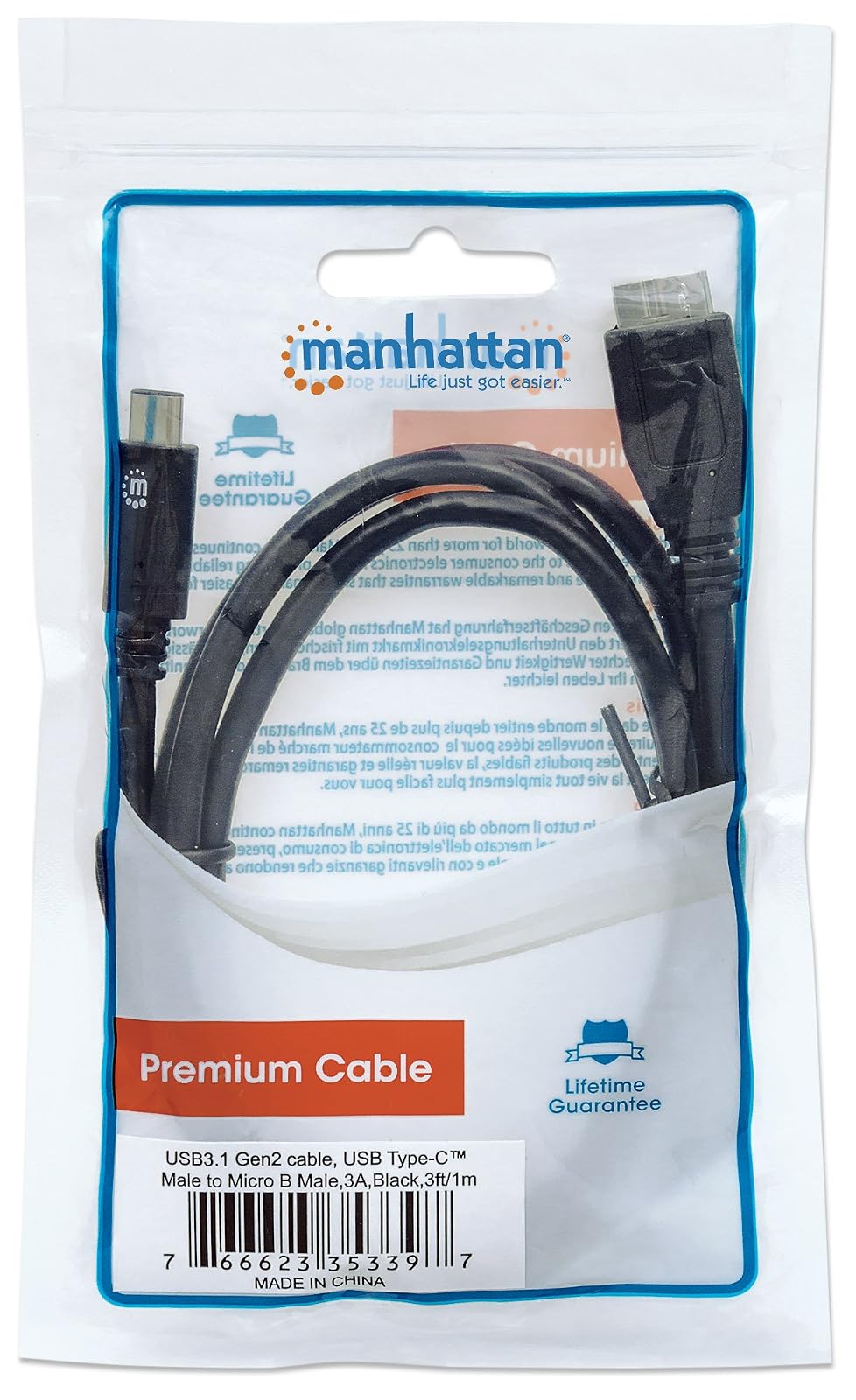 Manhattan CB-1072 Cable USB-C V3.1, C-Micro B 1.0M Negro,