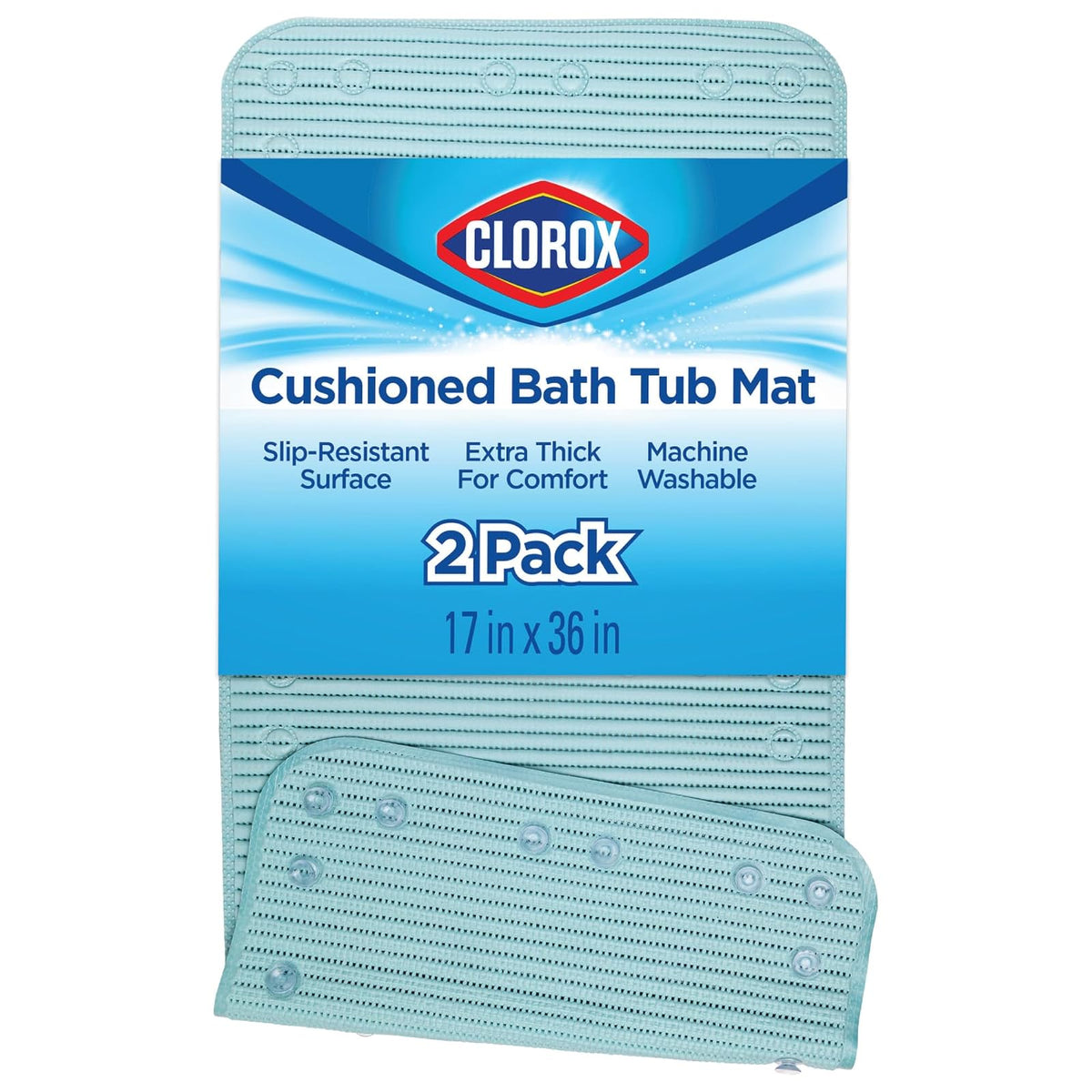 CLOROX by Duck Brand - Alfombrilla de baño Acolchada de Espuma Antideslizante con succión para Mayor Comodidad y Seguridad, 17 x 36 Pulgadas, Azul Cielo, Paquete de 2