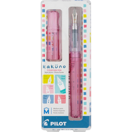 PILOT Pluma Fuente Kakuno, barril color rosa traslúcido, punto mediano, estuche con una pieza