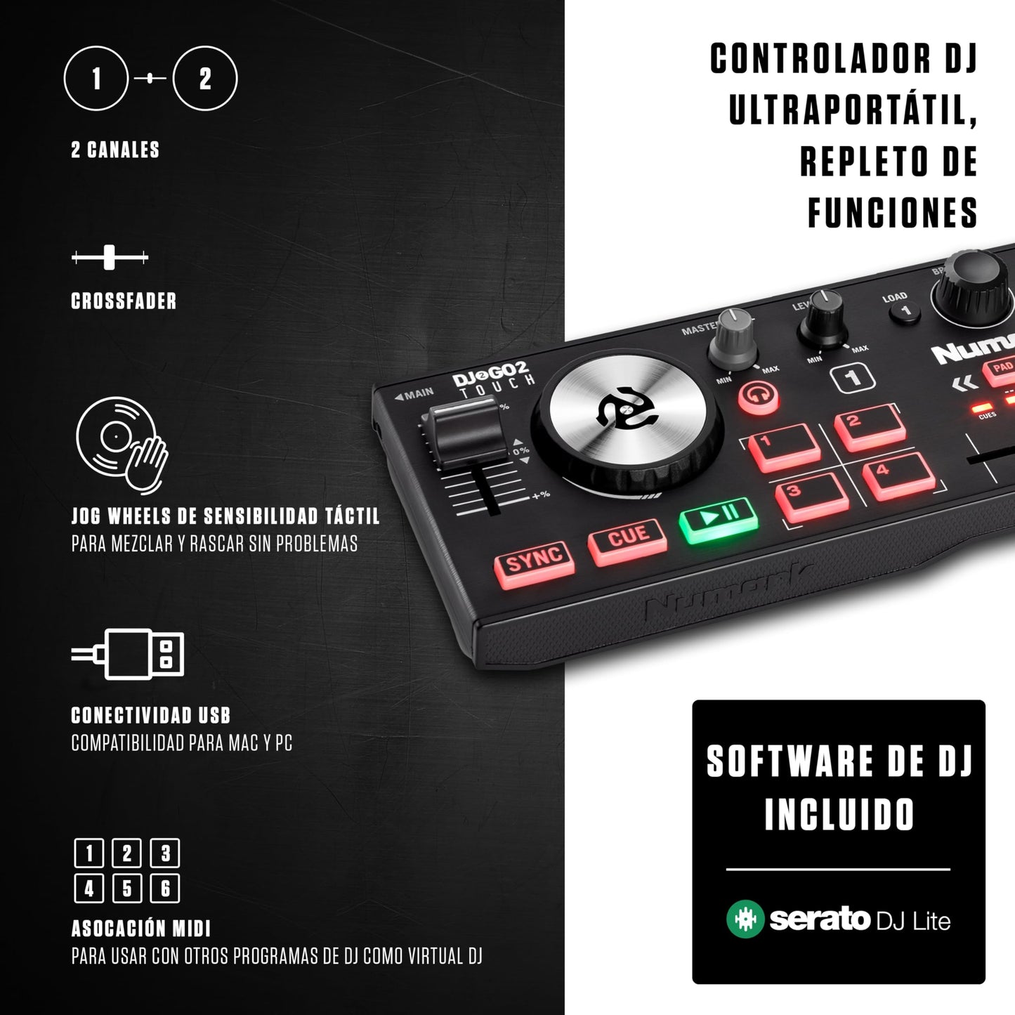Numark DJ2GO2 Touch - Mini controlador DJ USB, 2 decks para Serato DJ con mezclador/crossfader, interfaz de audio y jog wheels de sensibilidad táctil